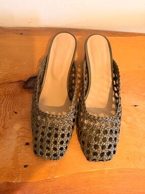 Anthropologie Olive Woven Square-Toe Slip Mules